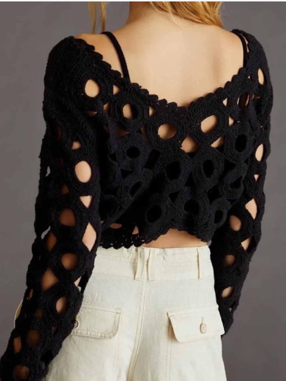 Anthropologie Black Crochet Openwork Cropped Sweater OS